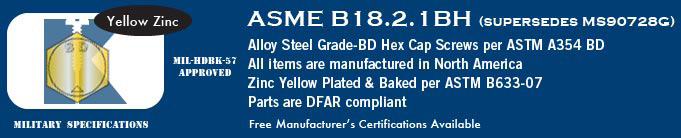 ASME B18.2.1 BD, Coarse, Yellow Zinc Hex Cap Screws Stock Military Fasteners