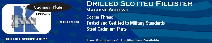 MS35265 Drilled Slotted Fillister Machine Screws, Coarse Stl Cad Stock Military Fasteners