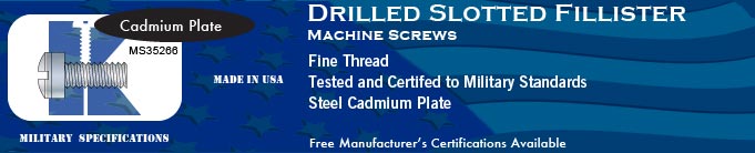 MS35266 Drilled Slotted Fillister Machine Screws, Fine Stl Cad Stock Military Fasteners