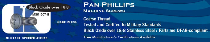 MS51957 Pan Phil Coarse SS with Blk Ox Machine Screws Screw Stock Military Fasteners