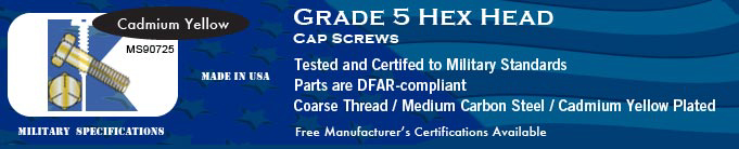 MS90725 Gr5, Coarse, Cad Yellow Hex Cap Screws Stock Military Fasteners