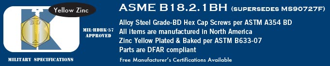 ASME B18.2.1 GrBD, Fine, Yellow Zinc Hex Cap Screws Stock Military Fasteners